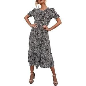 Prettygarden Flutter Sleeve Animal Print Spring Dress Black White XL Cottagecore
